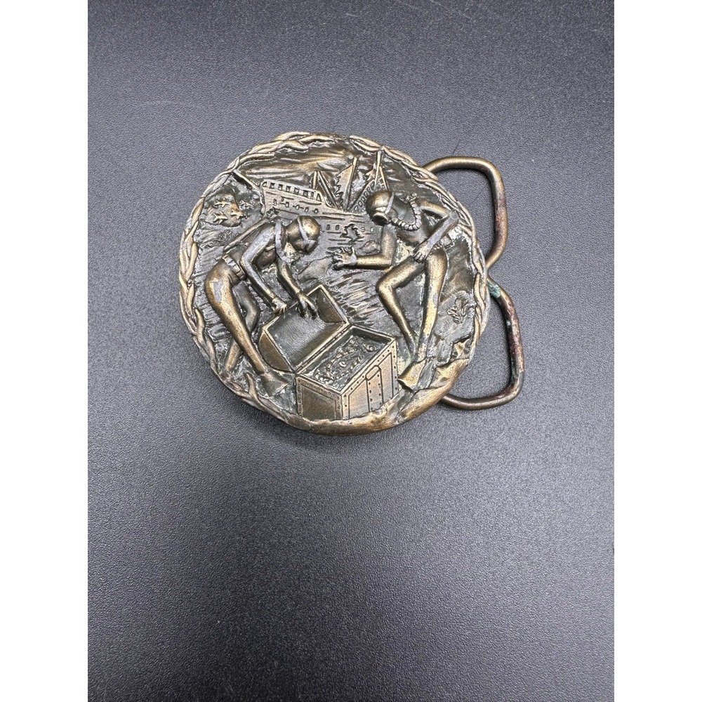 Creative Metals Co Scuba Diver Belt Buckle Treasure Chest Shipwreck Brass Tone